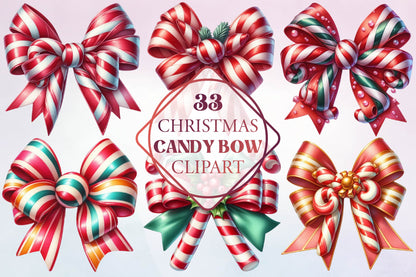 33 Christmas Candy Bow Clipart Bundle PNG, Candy Cane Bow Christmas Sublimation