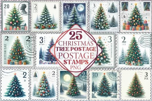 25 Christmas Tree Postage Stamp Clipart Bundle