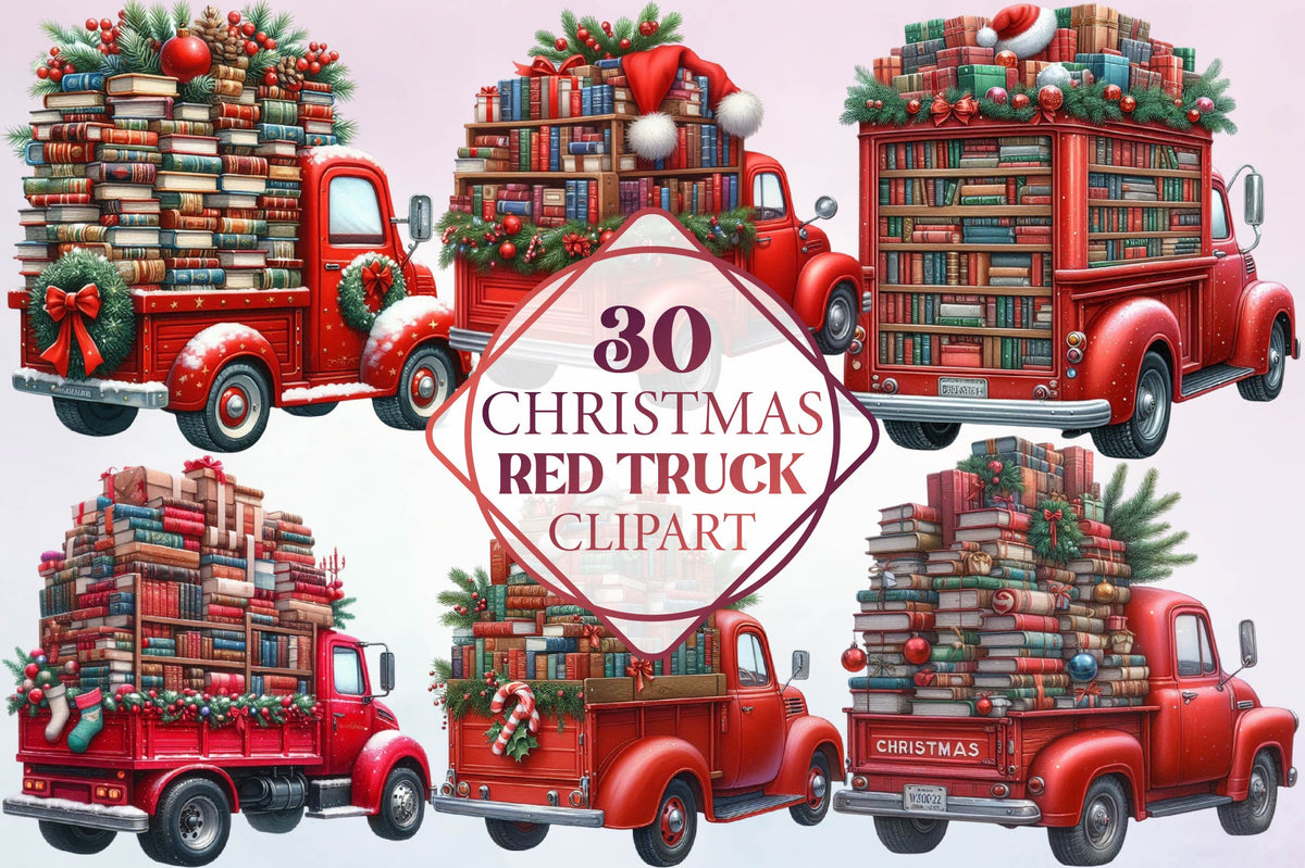 30 Christmas Red Truck Clipart Bundle PNG, Vintage Holiday Truck Christmas Sublimation