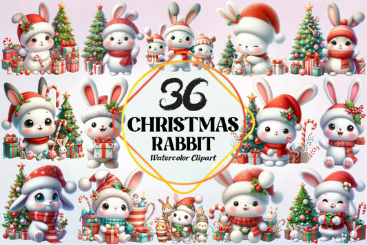 36 Christmas Rabbit Watercolor Clipart Bundle