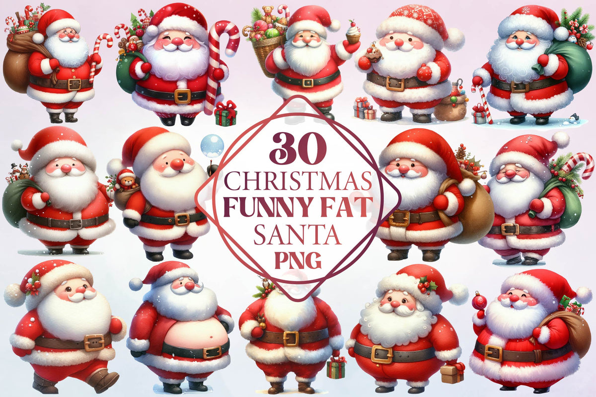 Christmas Funny Fat Santa Watercolor Clipart PNG Bundle
