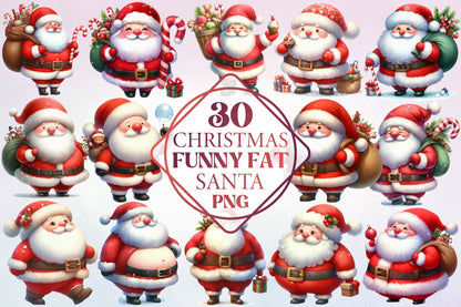 Christmas Funny Fat Santa Watercolor Clipart PNG Bundle