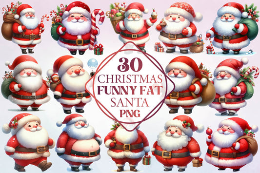 Christmas Funny Fat Santa Watercolor Clipart PNG Bundle