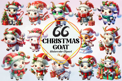 Christmas Goat Watercolor Clipart PNG Bundle