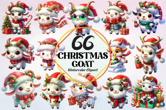 Christmas Goat Watercolor Clipart PNG Bundle