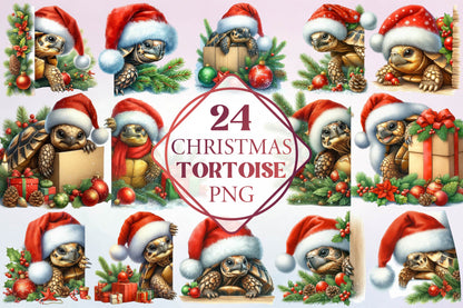 Christmas Tortoise Santa Watercolor Clipart PNG Bundle
