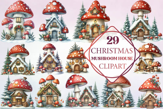29 Christmas Mushroom House Clipart Bundle