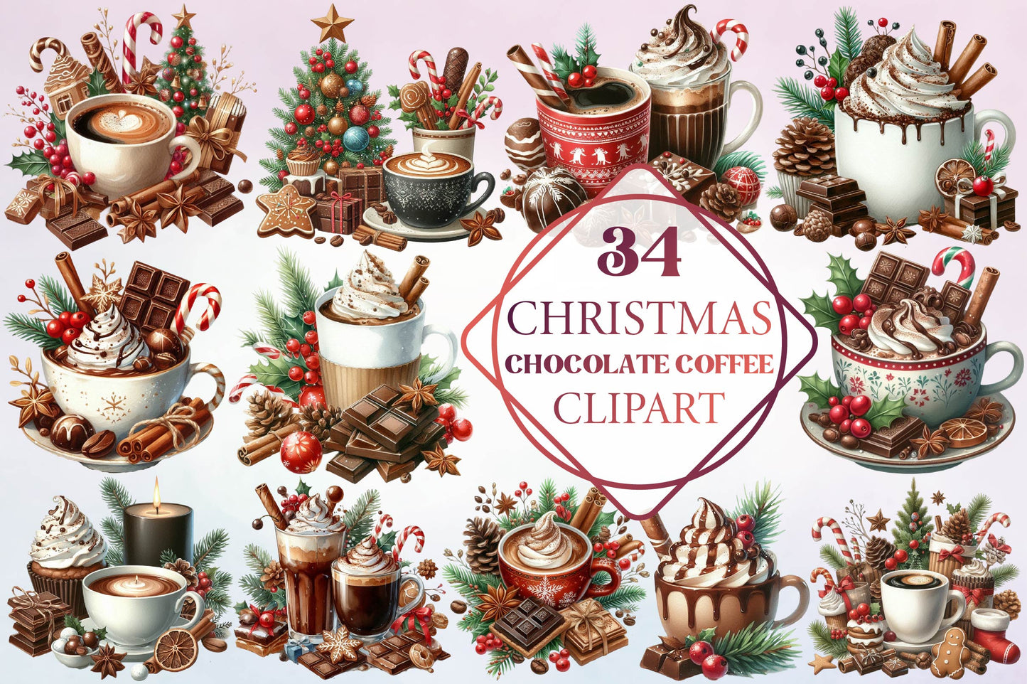 Christmas Chocolate Coffee Clipart Bundle 34 Holiday Coffee PNG Designs