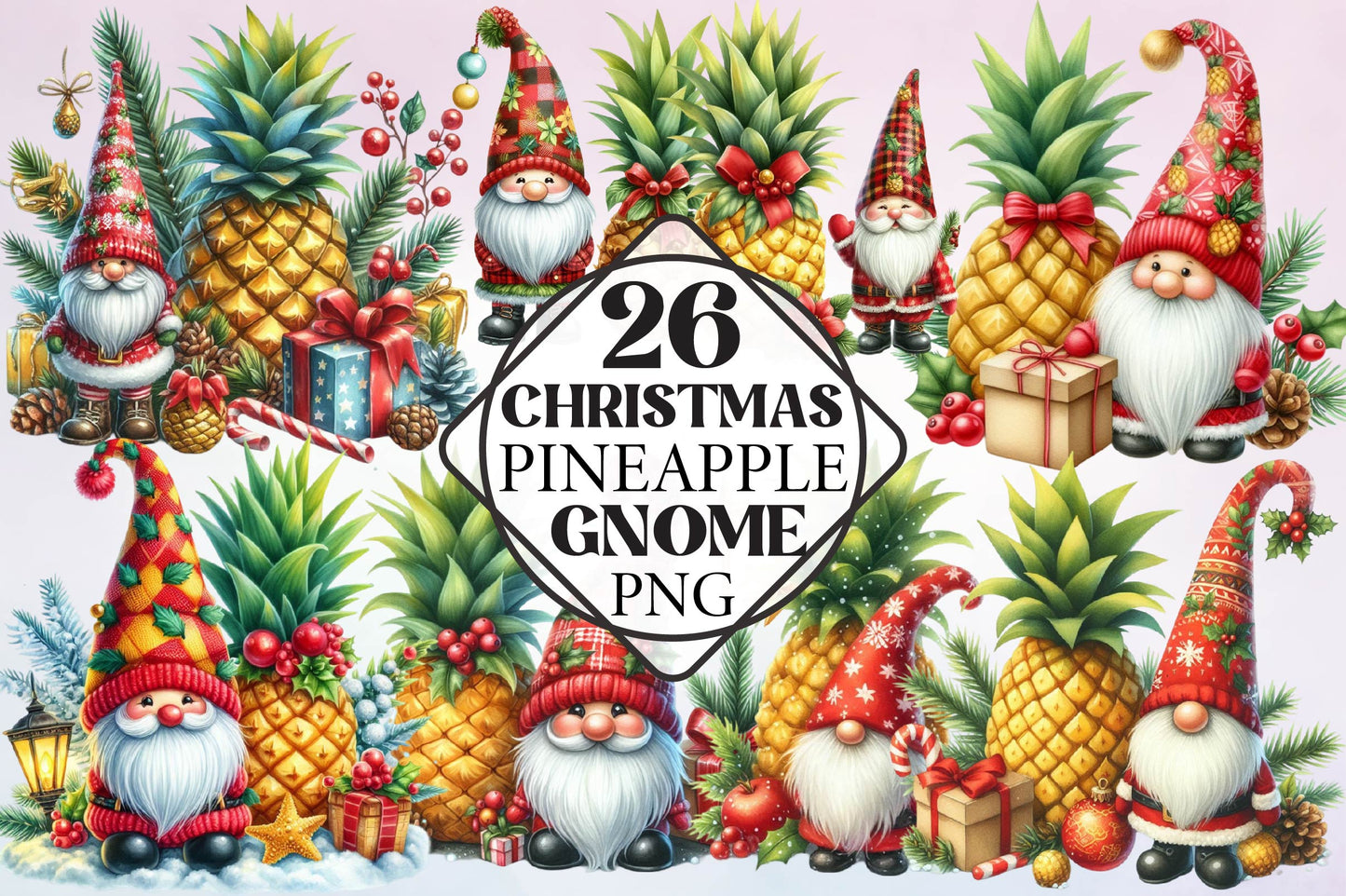 Christmas Pineapple Gnome Watercolor Clipart PNG Bundle