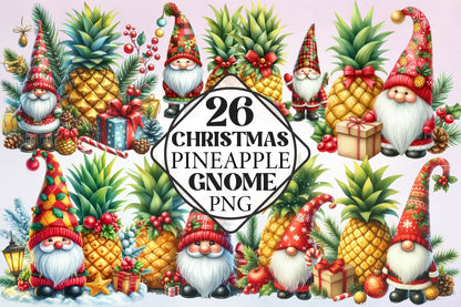 Christmas Pineapple Gnome Watercolor Clipart PNG Bundle