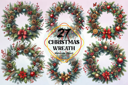Christmas Wreath Watercolor Clipart PNG Bundle