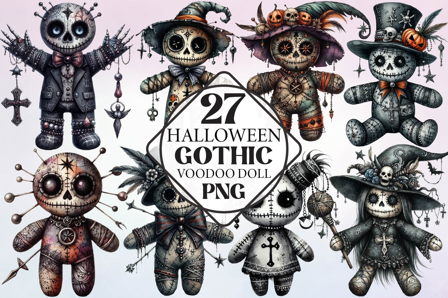 Halloween Gothic Voodoo Doll Watercolor PNG Bundle
