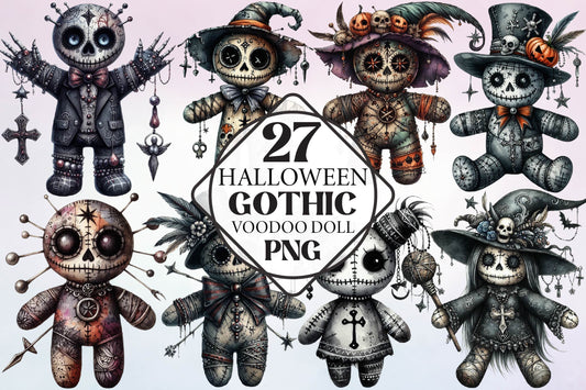Halloween Gothic Voodoo Doll Watercolor PNG Bundle
