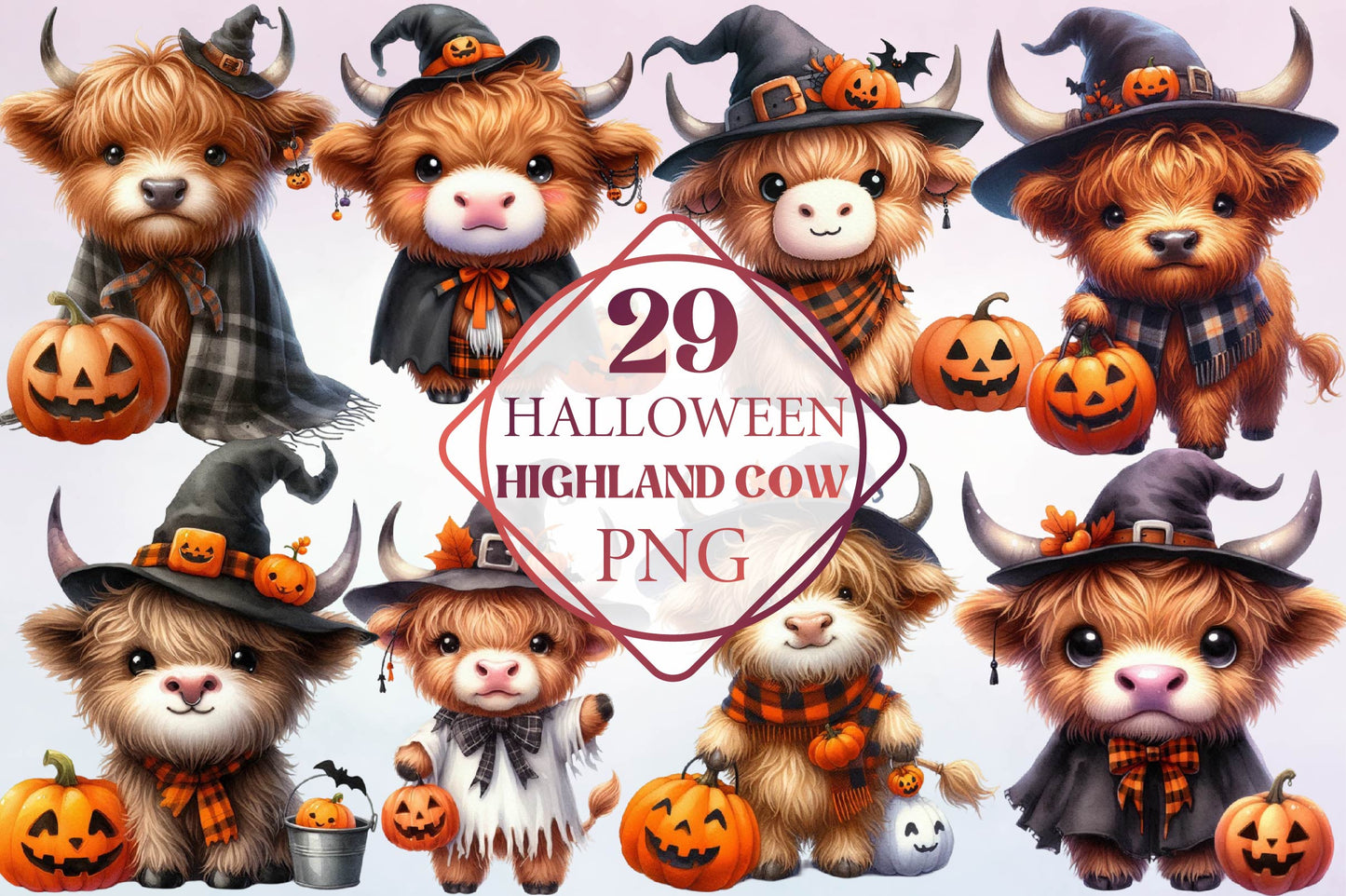 29 Halloween Highland Cow PNG Clipart Bundle