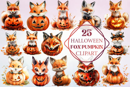 25 Halloween Fox Pumpkin Clipart PNG Bundle