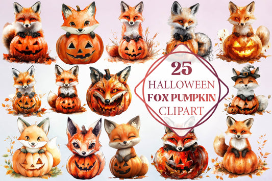 25 Halloween Fox Pumpkin Clipart PNG Bundle