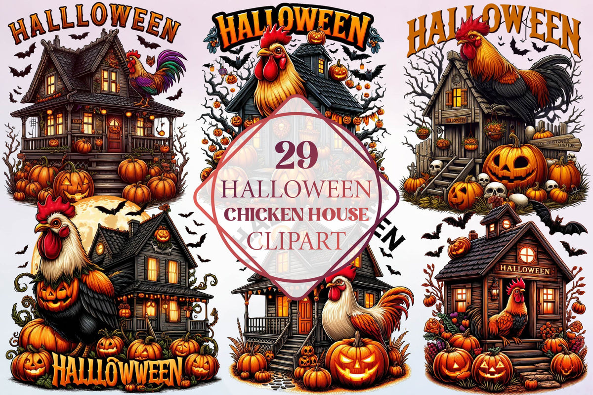 29 Halloween Chicken House Clipart Bundle PNG, Spooky Chicken Coop Halloween Sublimation