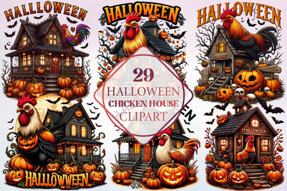 29 Halloween Chicken House Clipart Bundle PNG, Spooky Chicken Coop Halloween Sublimation