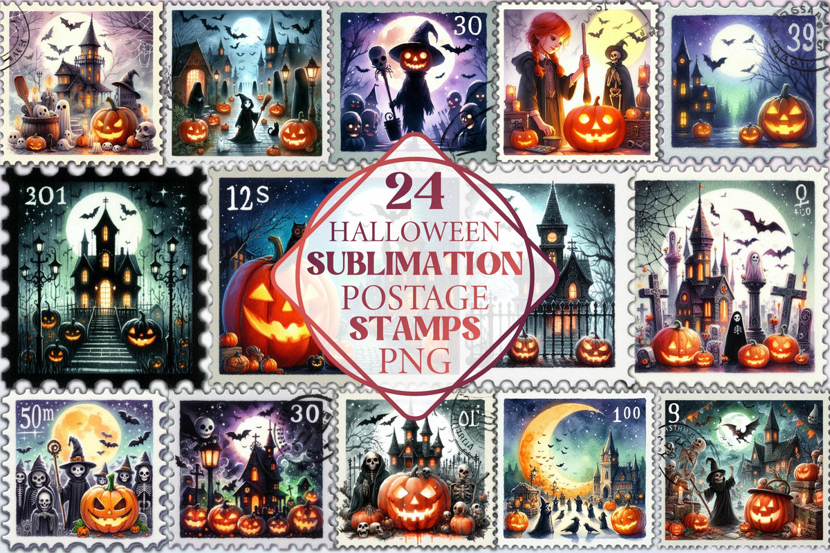 24 Halloween Sublimation Postage Stamps PNG Bundle