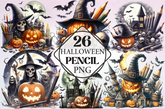 26 Halloween Pencil Clipart PNG Bundle
