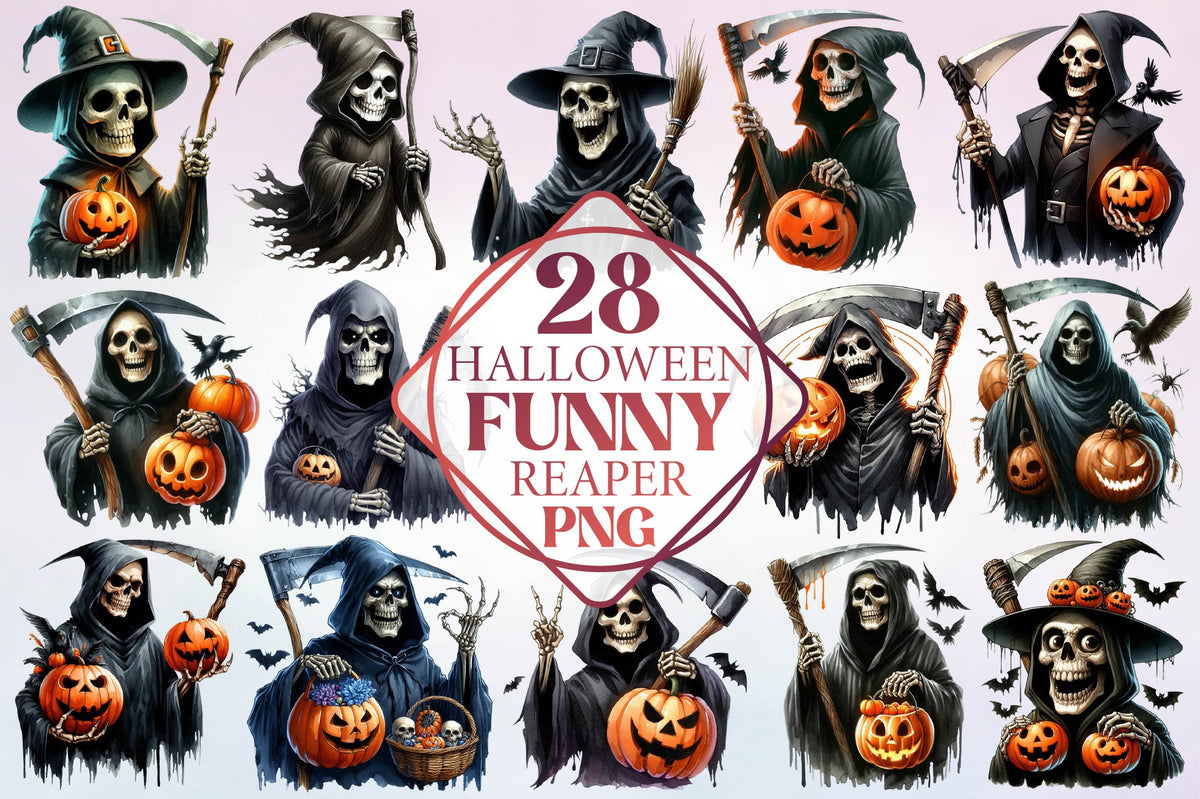 Halloween Funny Reaper Skull Watercolor PNG Bundle