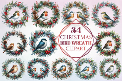 Christmas Bird Wreath Clipart Bundle 34 Winter Bird PNG Designs