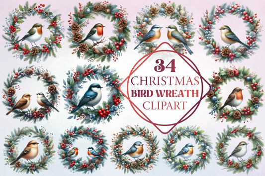 Christmas Bird Wreath Clipart Bundle 34 Winter Bird PNG Designs