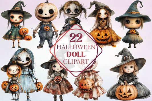 22 Halloween Doll Clipart PNG Bundle