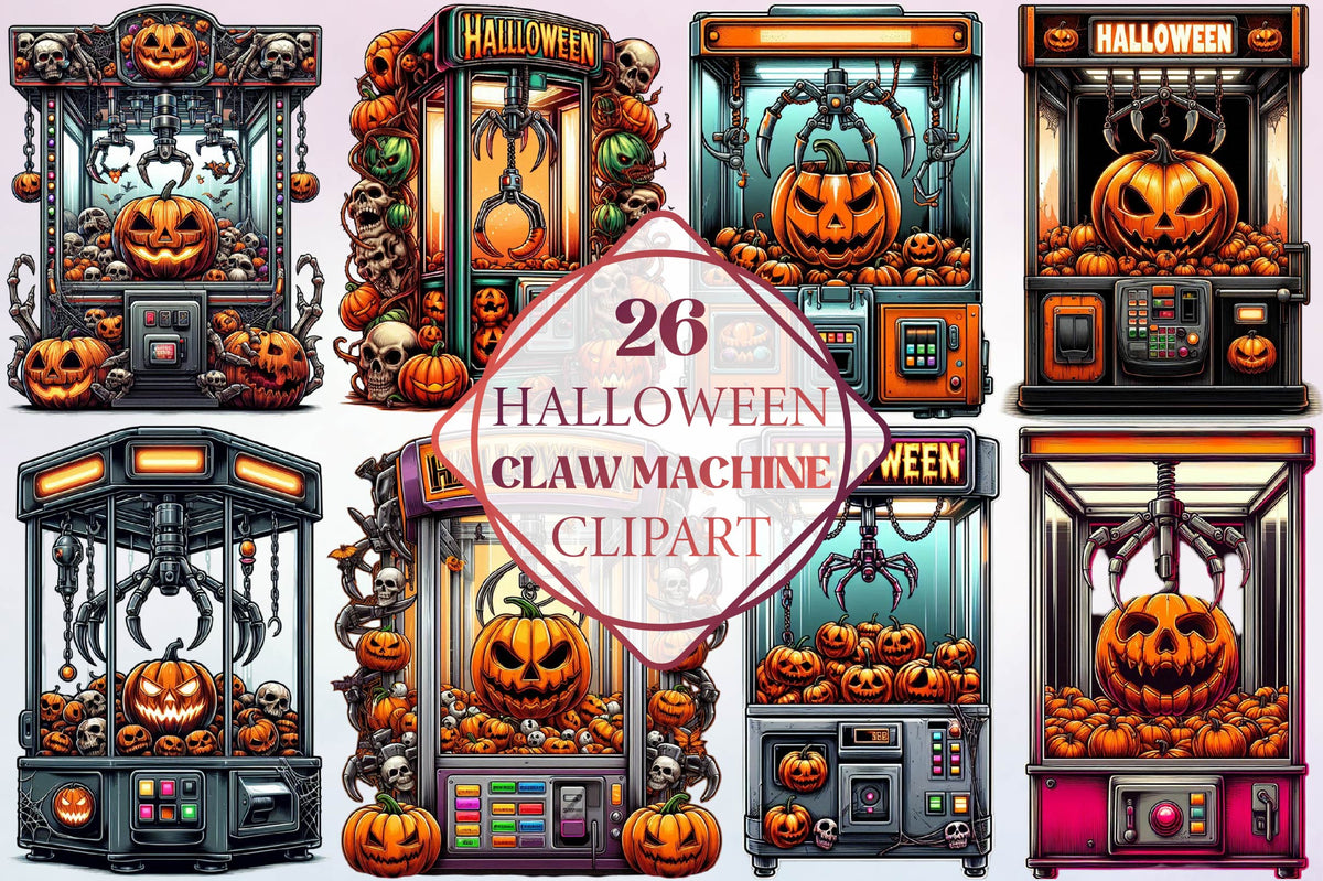 26 Halloween Claw Machine Clipart Bundle PNG, Spooky Pumpkin Arcade Game Sublimation