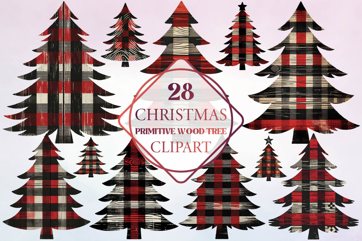 28 Christmas Primitive Wood Tree Clipart Bundle PNG, Rustic Plaid Christmas Tree Sublimation Designs