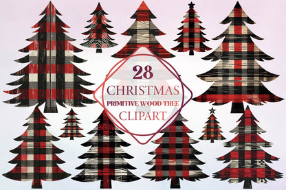 28 Christmas Primitive Wood Tree Clipart Bundle PNG, Rustic Plaid Christmas Tree Sublimation Designs