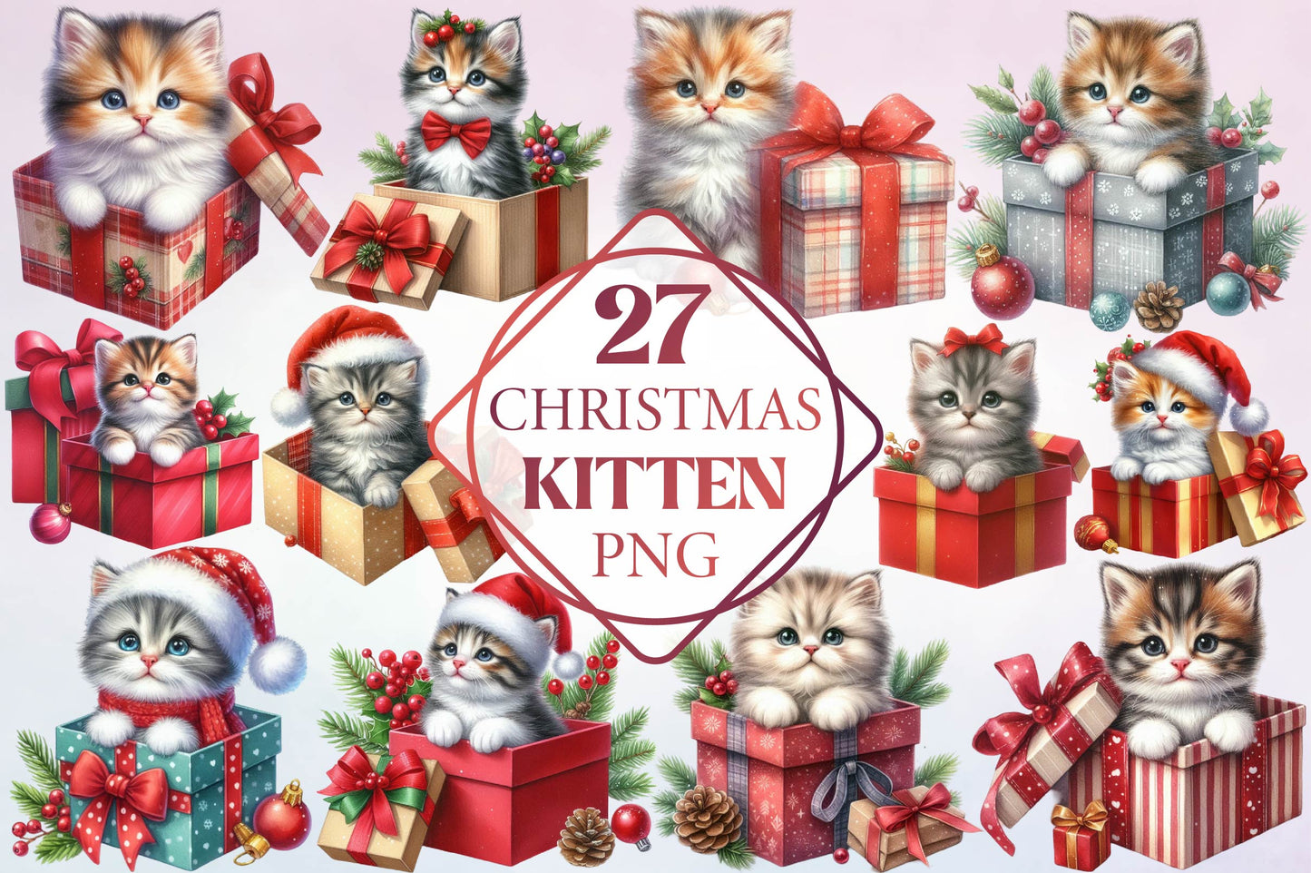 Christmas Kitten in Gift Box PNG Clipart Bundle