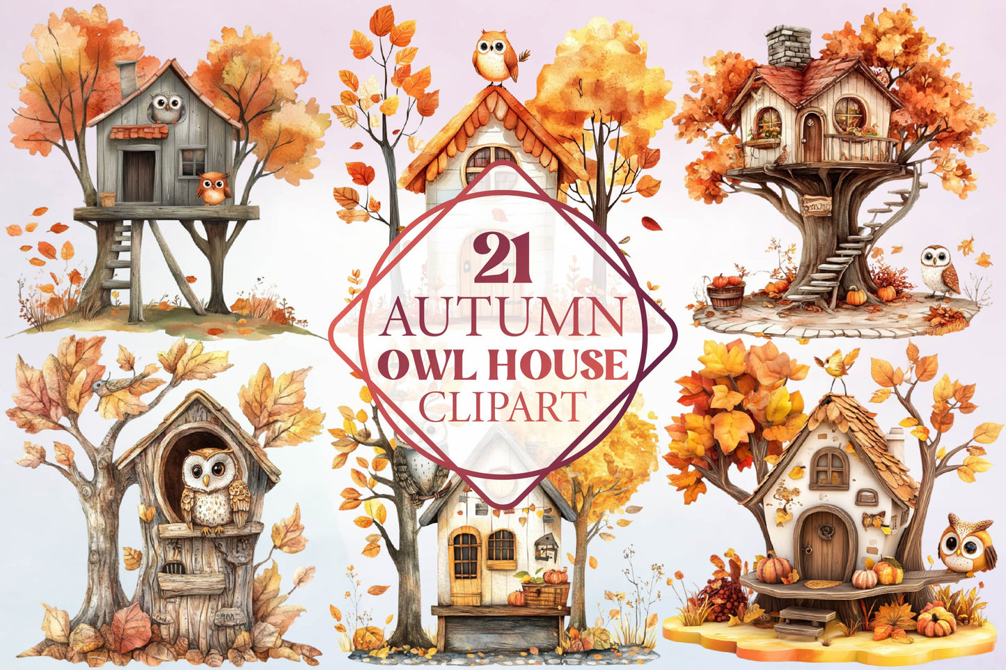 Autumn Owl House Clipart Bundle 21 Fall Owl House Designs
