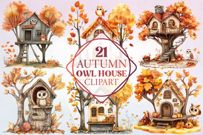 Autumn Owl House Clipart Bundle 21 Fall Owl House Designs