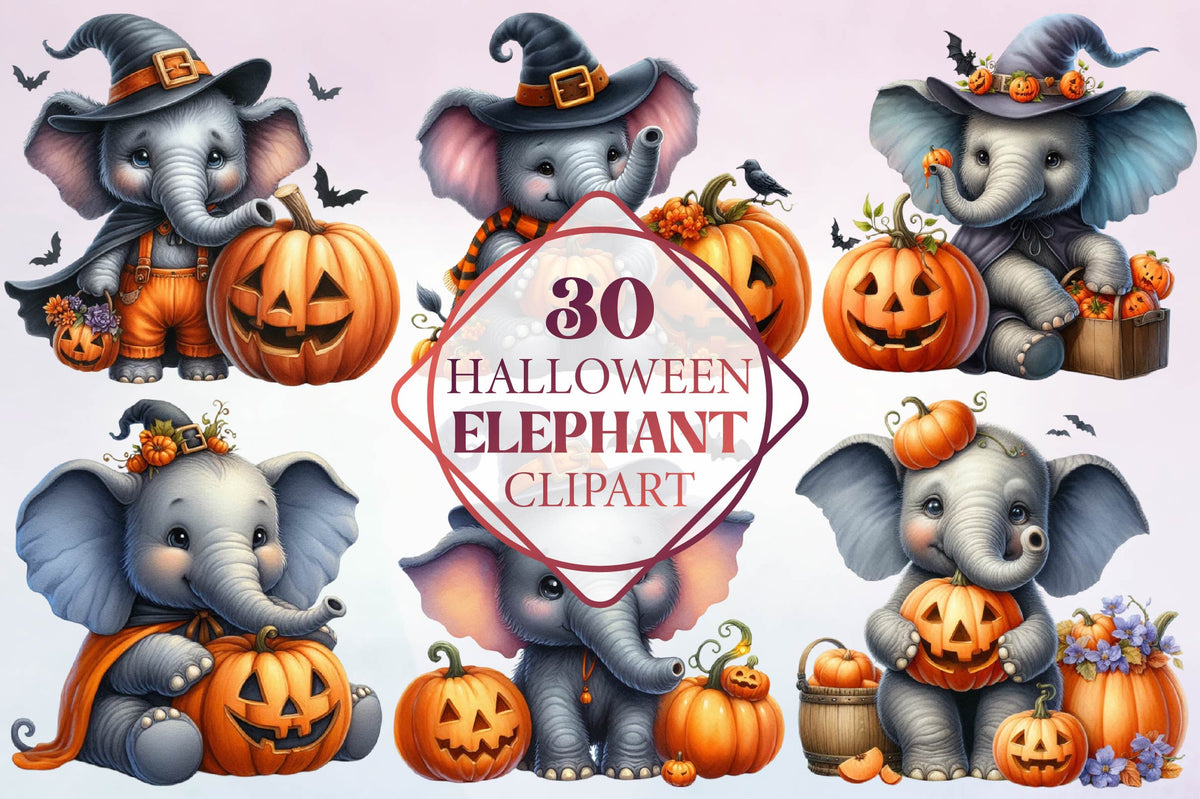 30 Halloween Elephant Clipart Bundle PNG, Cute Spooky Elephant Pumpkin Halloween Sublimation
