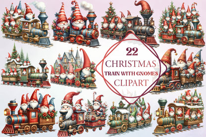 22 Christmas Train With Gnomes Clipart Bundle