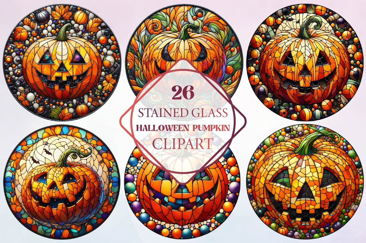 26 Stained Glass Halloween Pumpkin Clipart Bundle PNG, Colorful Jack O Lantern Sublimation Designs