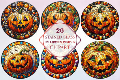 26 Stained Glass Halloween Pumpkin Clipart Bundle PNG, Colorful Jack O Lantern Sublimation Designs