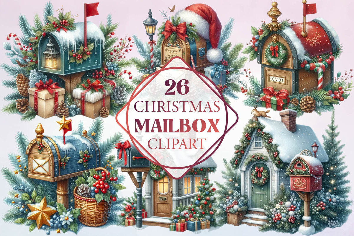 26 Christmas Mailbox Clipart Bundle PNG, Winter Mailbox Christmas Sublimation