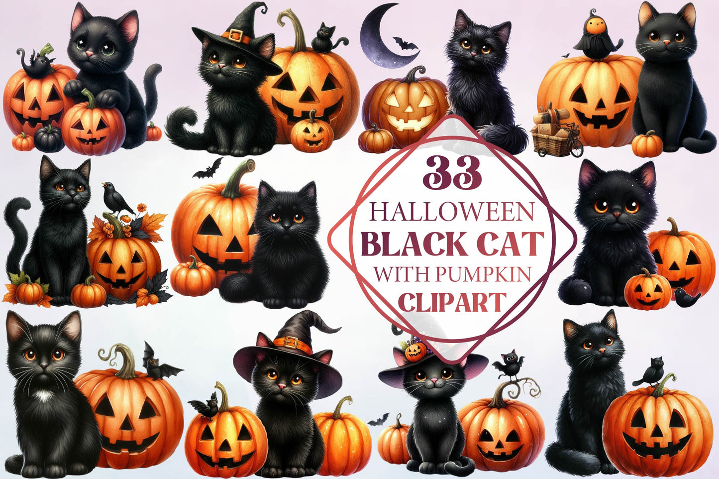 33 Halloween Black Cat With Pumpkin Clipart Bundle
