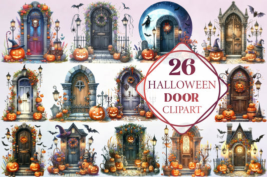 26 Halloween Door Clipart PNG Bundle