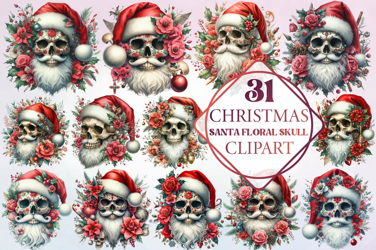31 Christmas Santa Floral Skull Clipart Bundle