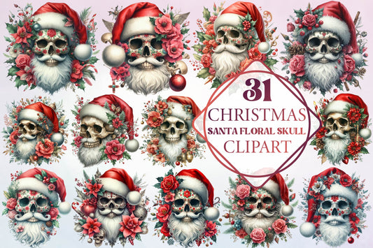 31 Christmas Santa Floral Skull Clipart Bundle