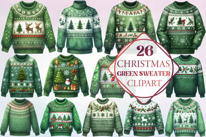 26 Christmas Green Sweater Clipart Bundle