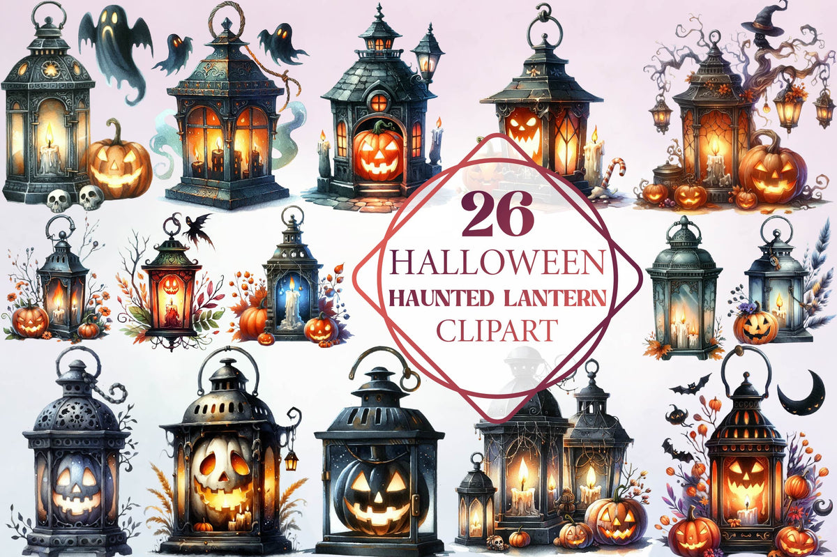 26 Halloween Haunted Lantern Clipart PNG Bundle