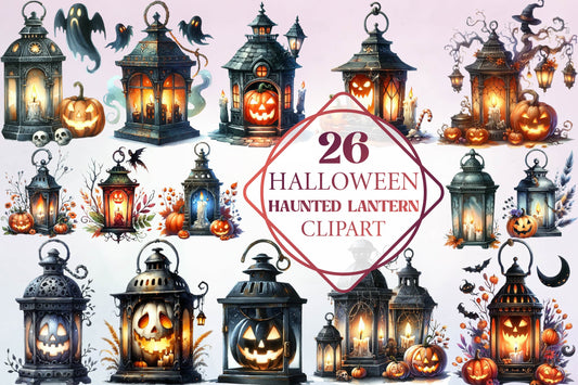26 Halloween Haunted Lantern Clipart PNG Bundle