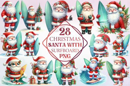 Christmas Santa with Surfboard PNG Bundle