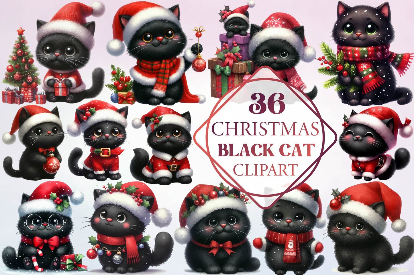 36 Christmas Black Cat Clipart Bundle