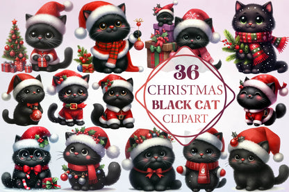 36 Christmas Black Cat Clipart Bundle