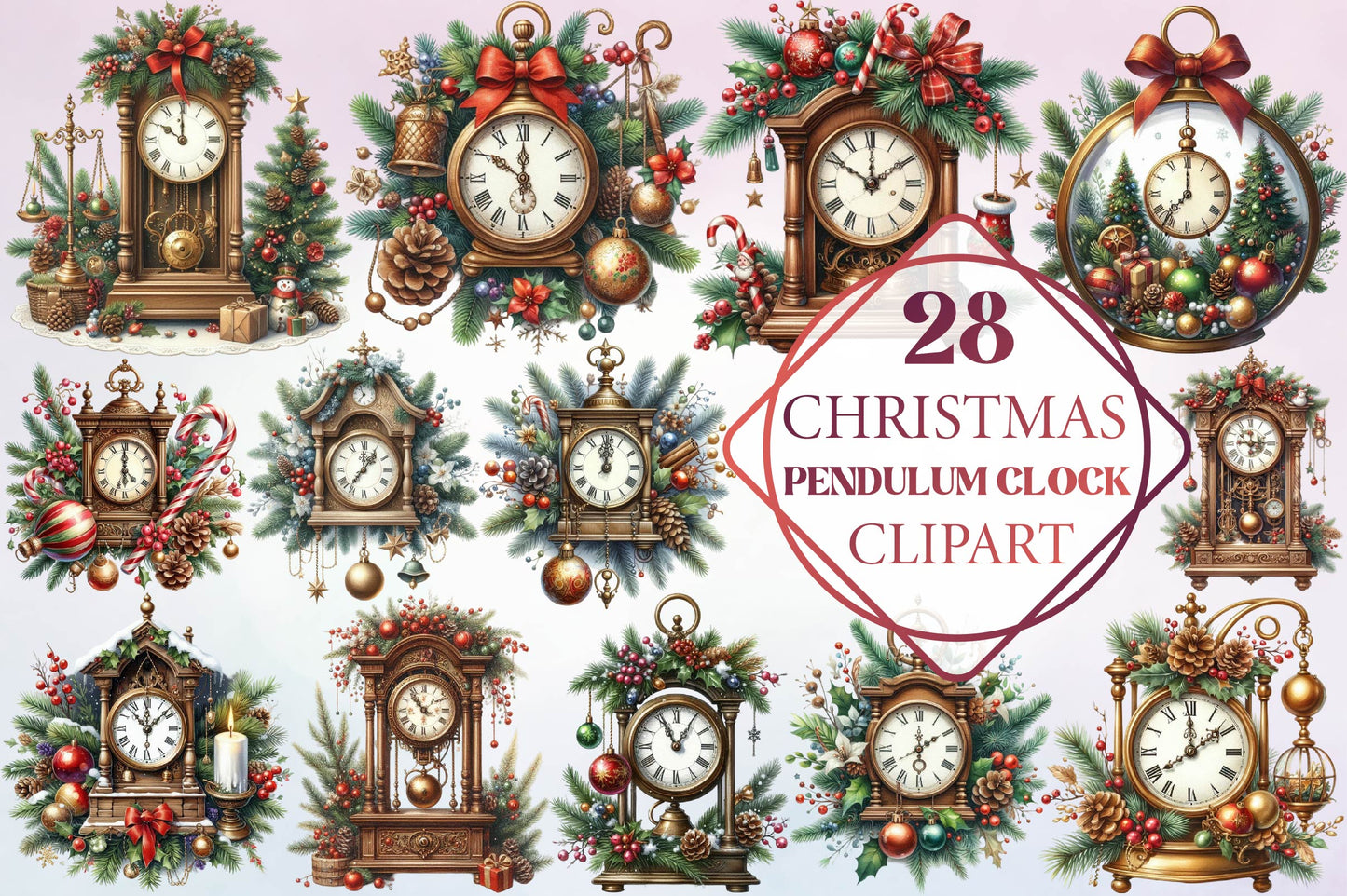 28 Christmas Pendulum Clock Clipart Bundle